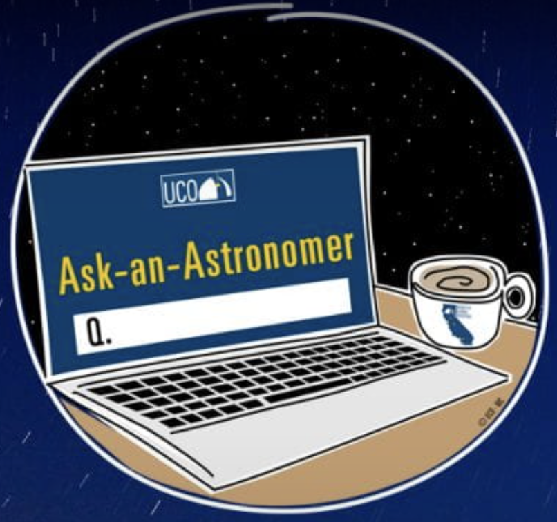 UCO Ask an Astronomer Logo (computer displaying Ask an Astronomer webpage).
