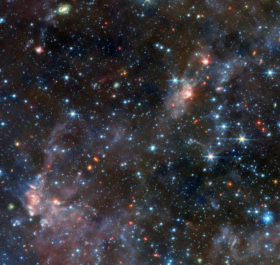 Stars on a black sky with purple gas.